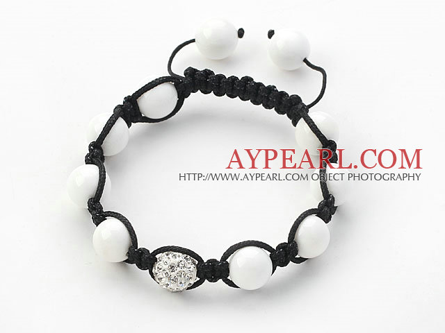 White Series 10mm Round White Porcelain Stone and Rhinestone Beads Adjustable Drawstring Bracelet