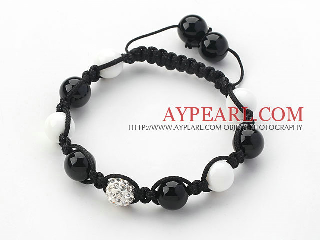 Black Series 10mm Round Black Agate and White Porcelain Stone and Rhinestone Beads Adjustable Drawstring Bracelet