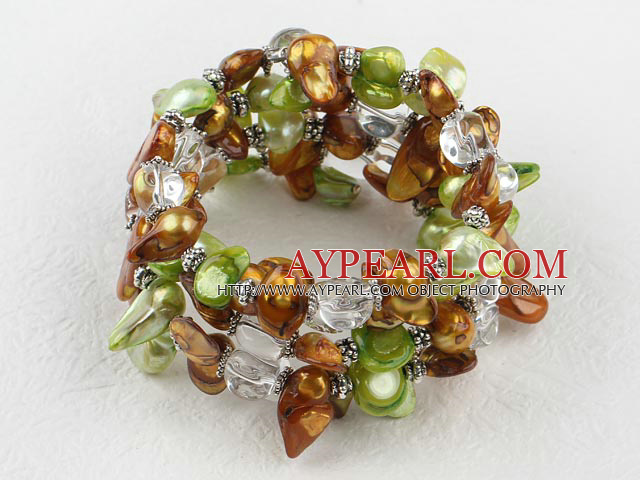 Nice Golden And Apply Green Blister Pearl And White Crystal Wrap Elastic Stretch Bracelet Bangle