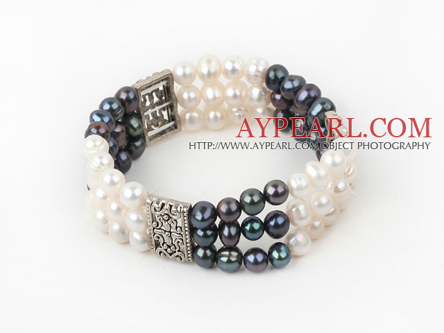 Popular 3-Row White And Black Freshwater Pearl Elastic Bracelet