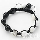 Black Series 10mm Round White Porcelain Stone and Black Agate and Rhinestone Beads Adjustable Drawstring Bracelet