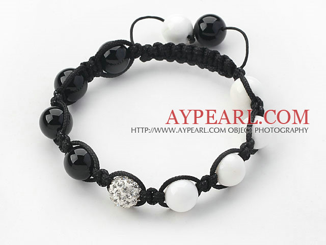 Black Series 10mm Round White Porcelain Stone and Black Agate and Rhinestone Beads Adjustable Drawstring Bracelet