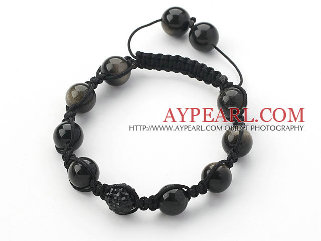 Black Series 10mm Round Obsidian and Rhinestone Beads Adjustable Drawstring Bracelet