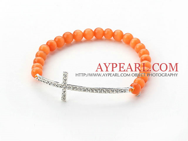 Orange Series Orange Cats Eye and Sideway/Side Way White Rhinestone Cross Stretch Bracelet