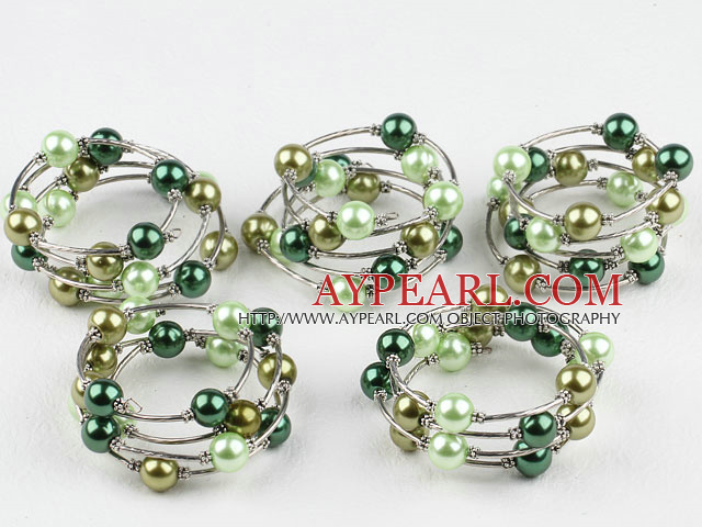 Nice 5 Pcs 12Mm Round Green Series Acrylic Manmade Pearl Wrap Wired Bangle Bracelet