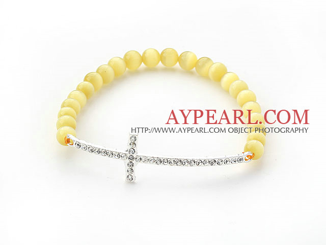 Yellow Series Yellow Cats Eye and Sideway/Side Way White Rhinestone Cross Stretch Bracelet