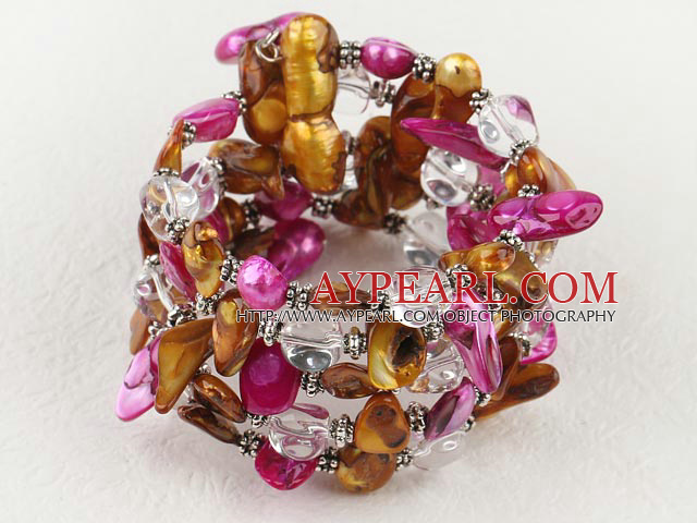 Nice Pink And Golden Blister Pearl And White Crystal Wrap Elastic Stretch Bracelet Bangle