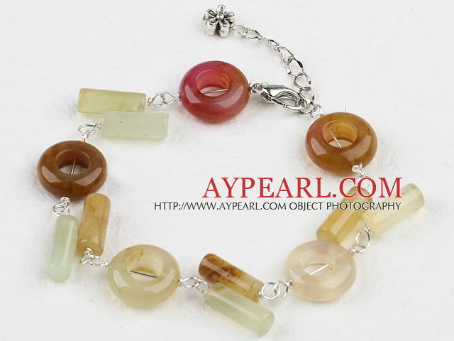 Lovely 3-Color Donut And Cylinder Shape Jade Bracelet With Flower Chain