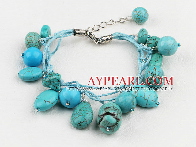 Classic Design Round Oval Mixed Shape Blue Turquoise Threaded Bracelet With Extendable Chain