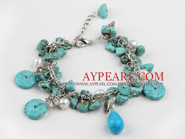 Nice Loop Chain Style White Pearl And Disc Teardrop Chipped Turquoise Bracelet