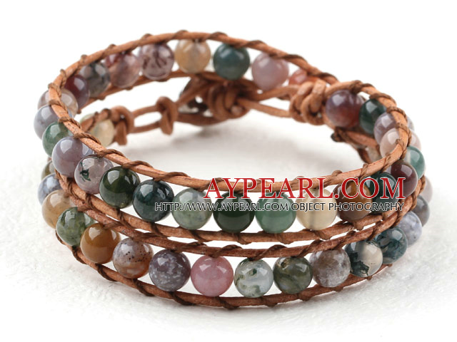 Two Rows Round Indian Agate Beads Woven Wrap Bangle Bracelet with Metal Clasp