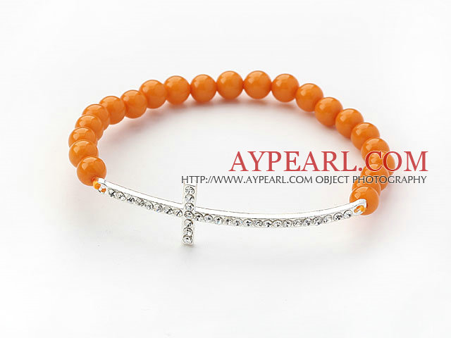 Orange Gelb Series Bienenwachs Perlen und Sideway / Side Way Weiß-Kreuz-Stretch-Armband