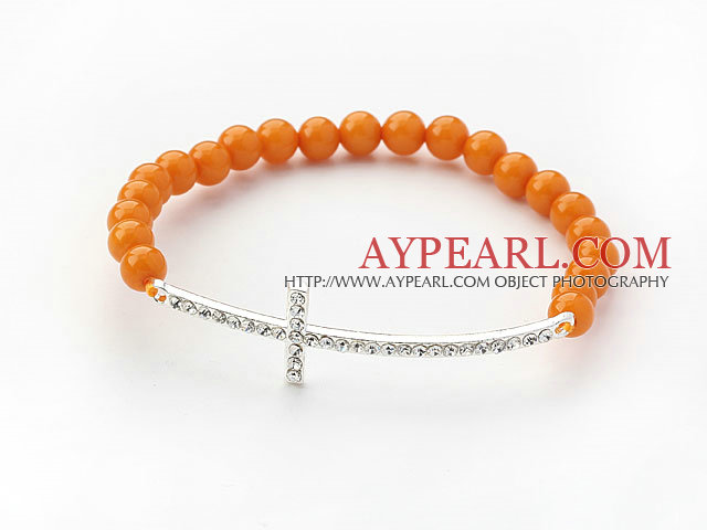 Orange Yellow Series Beeswax Beads and Sideway/Side Way White Rhinestone Cross Stretch Bracelet