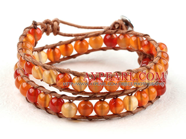 Two Rows Natural Color Agate Beads Woven Wrap Bangle Bracelet with Metal Clasp