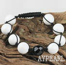 Fashion Feceted Black Agate And Round White Stone Drawstring Bracelet With Adjustable Cords