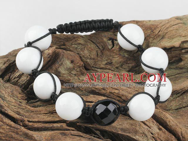 Fashion Feceted Black Agate And Round White Stone Drawstring Bracelet With Adjustable Cords