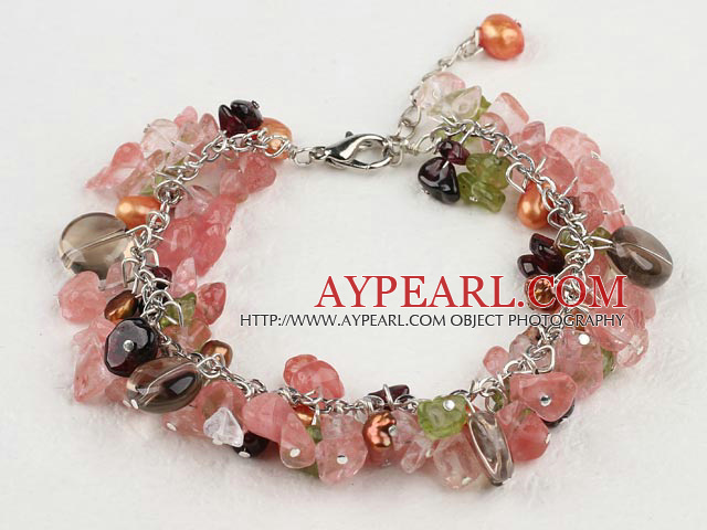 Beautiful Brown Pearl Garnet Olive And Cherry Quartz Mixed Crystal Loop Chain Bracelet