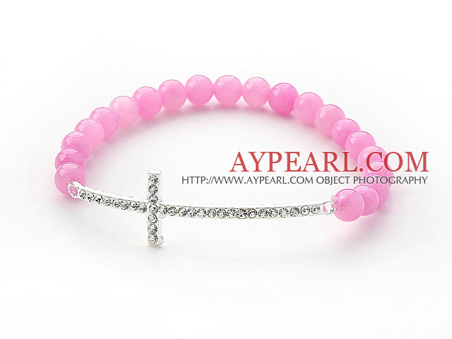 Pink Series 6mm Pink Candy Jade Beads and Sideway/Side Way White Rhinestone Cross Stretch Bracelet