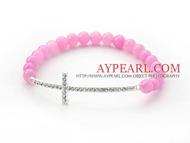 Rosa Serie 6mm Pink Candy Jade Pärlor och Sideway / Side Way Vit Rhinestone Cross stretch armband