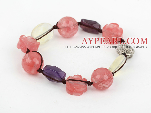 Lovely Hande-Knitted Cherry Quartz Amethyst White Crystal Bracelet