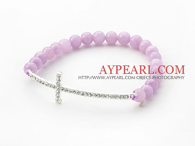Violet Series 6mm Violet Jade and Sideway/Side Way White Rhinestone Cross Stretch Bracelet