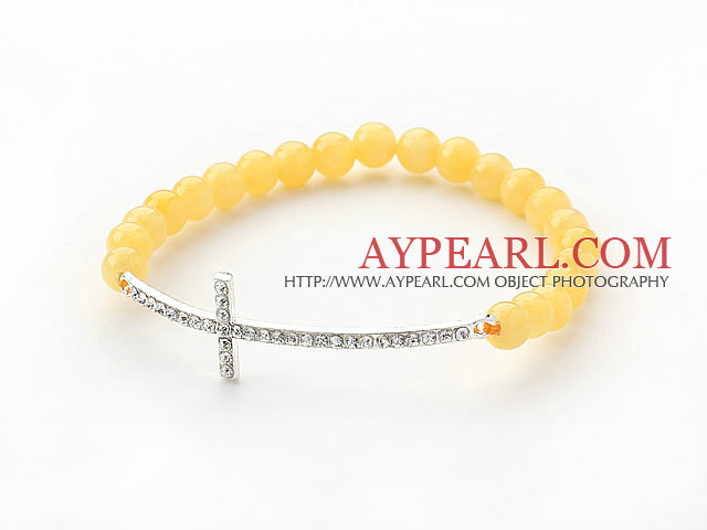 Yellow Series 6mm Yellow Jade and Sideway/Side Way White Rhinestone Cross Stretch Bracelet