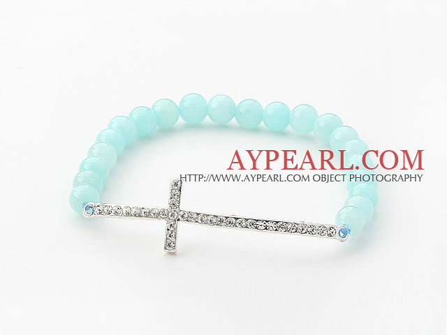 Light Blue Series 6mm lumière Jade bleu et Sideway / Side White Way croix de Rhinestone Bracelet extensible