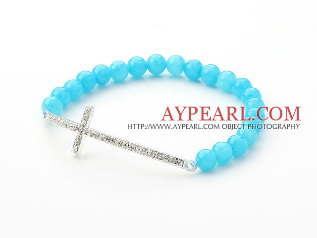 Lake Blue Series 6mm Lake blå Jade og Sideway / Side Way Hvit Rhinestone Cross Stretch Bracelet