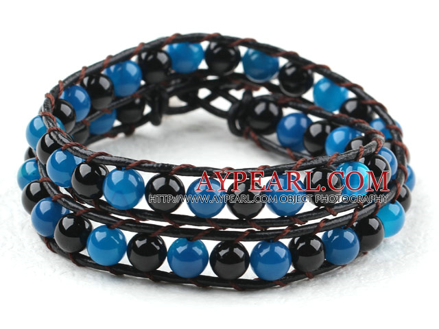 Zwei Reihen Round Black and Blue Agate Perlen gewebt Wrap Armreif mit Metallschließe