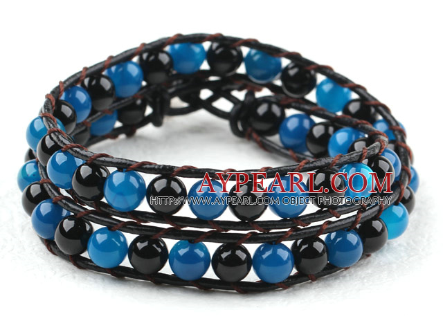 To rader omg svart og blå Agate Perler weaved Wrap Bangle Bracelet med Metal Clasp