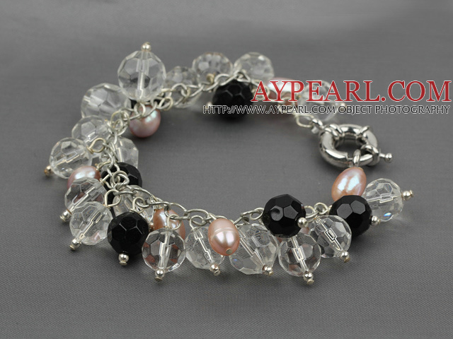 Fashion Natural Pink Freshwater Pearl And Black White Crystal Loop Link Bracelet