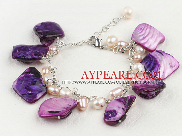 Fashion White Freshwater Pearl And Purple Shell Loop Link Bracelet With Lobster Clasp