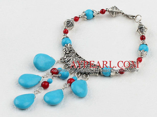 Fashion Bloodstone And Teardrop Blue Turquoise Pendant Link Flower Metal Charm Bracelet