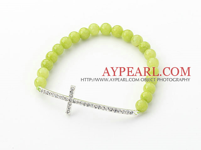 Yellow Green Series 6mm Yellow Green Jade and Sideway/Side Way White Rhinestone Cross Stretch Bracelet