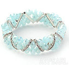 Two Rows Sky Blue Jade Crystal Stretch Bangle Bracelet with Rhinestone