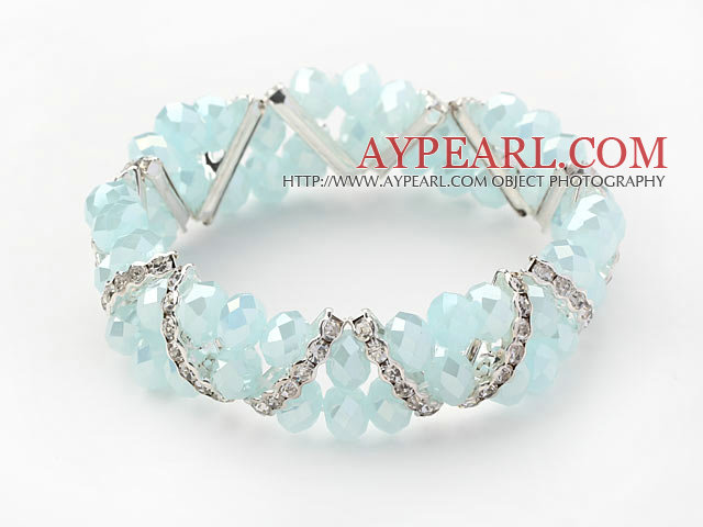 To rader Himmelblå Jade Crystal Stretch Bangle armbånd med Rhinestone