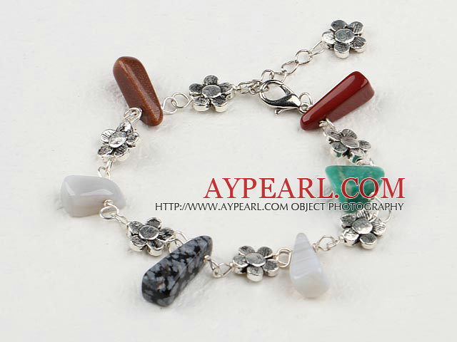Simple Style Multi Color And Mixed Shape Stones And Flower Charm Loop Chain Bracelet 