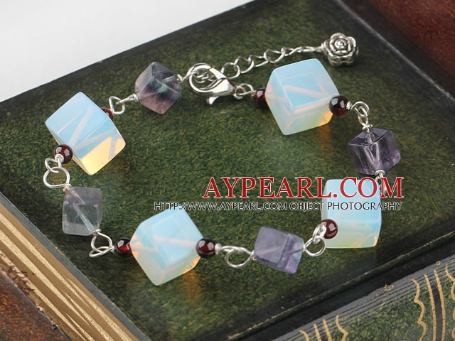 Beautiful Thick Rhombus Shape Moonstone And Garnet Bracelet With Extendable Chain