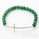 Dark Green Series 6mm Dark Green Jade and Sideway/Side Way White Rhinestone Cross Stretch Bracelet