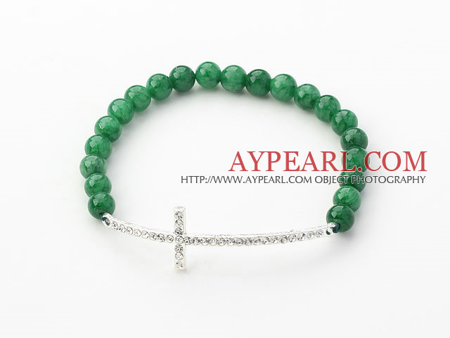 Mörkgrön Series 6mm Mörkgrön Jade och sidled / Side Way Vit Rhinestone Cross Stretch Bracelet