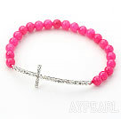 Hot Pink Series 6mm Hot Pink Jade and Sideway/Side Way White Rhinestone Cross Stretch Bracelet