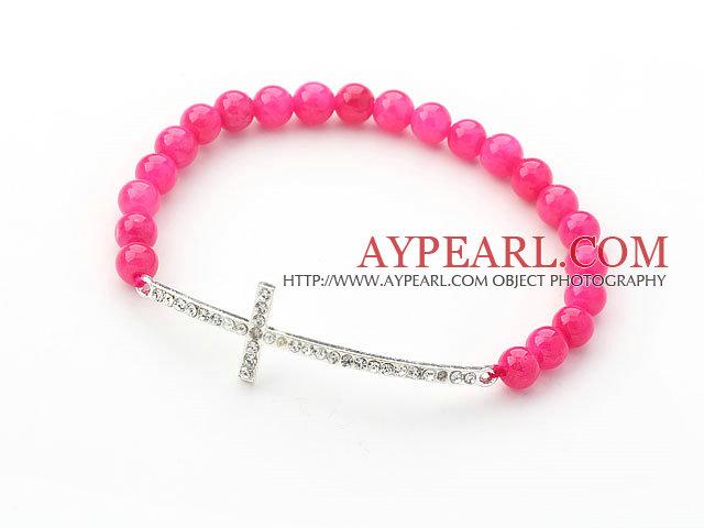 Hot Pink Σειρά 6 χιλιοστά Hot Pink Jade και Sideway / Side White Way τεχνητό Σταυρός Stretch βραχιόλι