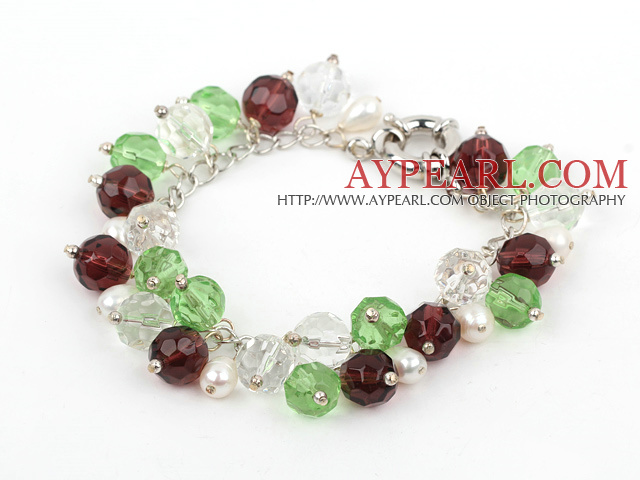 Wonderful White Freshwater Pearl And 3-Color Crystal Link Bracelet With Moonight Clasp
