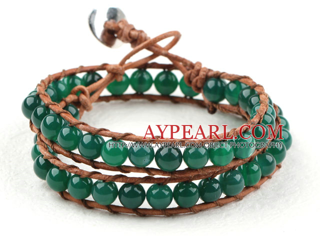 Two Rows Round Green Agate Beads Woven Wrap Bangle Bracelet with Metal Clasp