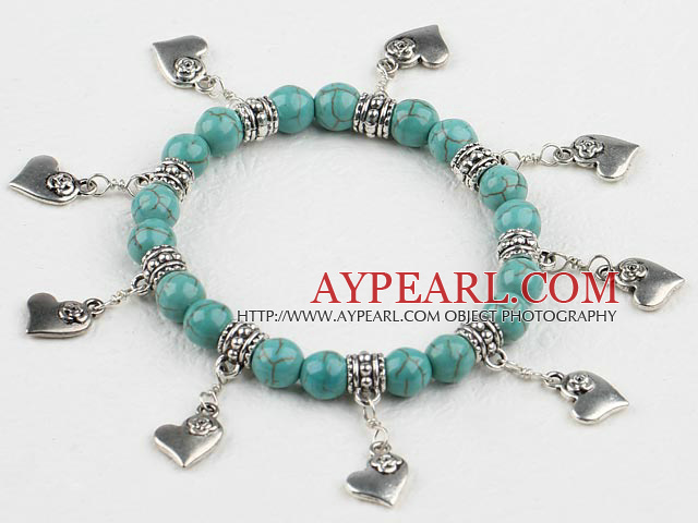 8mm turquoise beads elastic bracelet with lovely heart charms