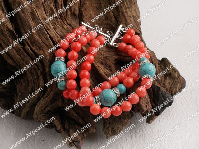 Beautiful 3 Strand Red Coral And Blue Turquoise Ball Beaded Bracelet