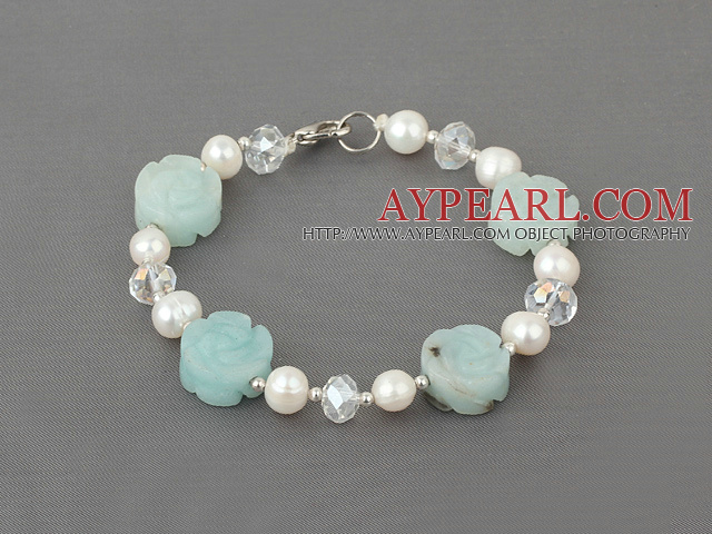 Lovely White Freshwater Pearl Crystal And Amazon Flower Bracelet