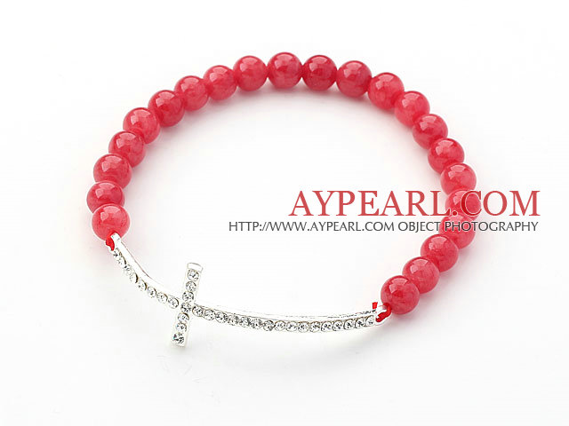 Red Series Red Jade 6mm et Sideway / Side White Way croix de Rhinestone Bracelet extensible