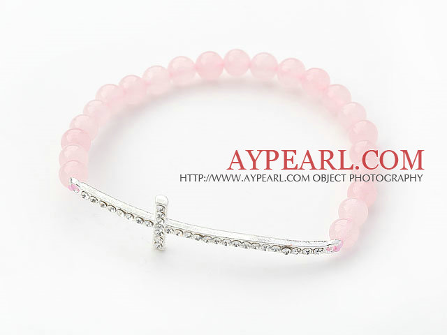 Pink Series 6mm Rose Quartz og Sideway / Side Way Hvit Rhinestone Cross Stretch Bracelet