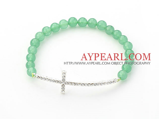 Série verte Aventurine 6mm et Sideway / Side White Way croix de Rhinestone Bracelet extensible